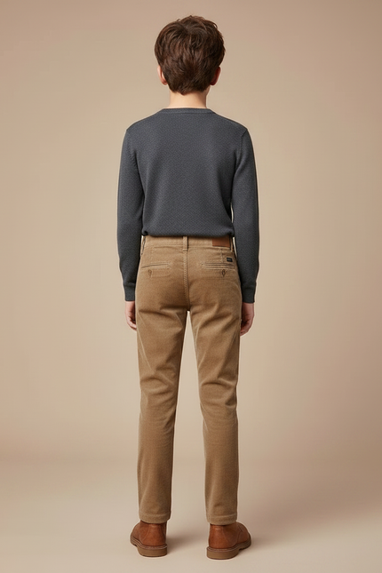 Pantalon Chino Velours Côtelé Marron Coupe Droite Garçon - Camel Cordé - vue 2