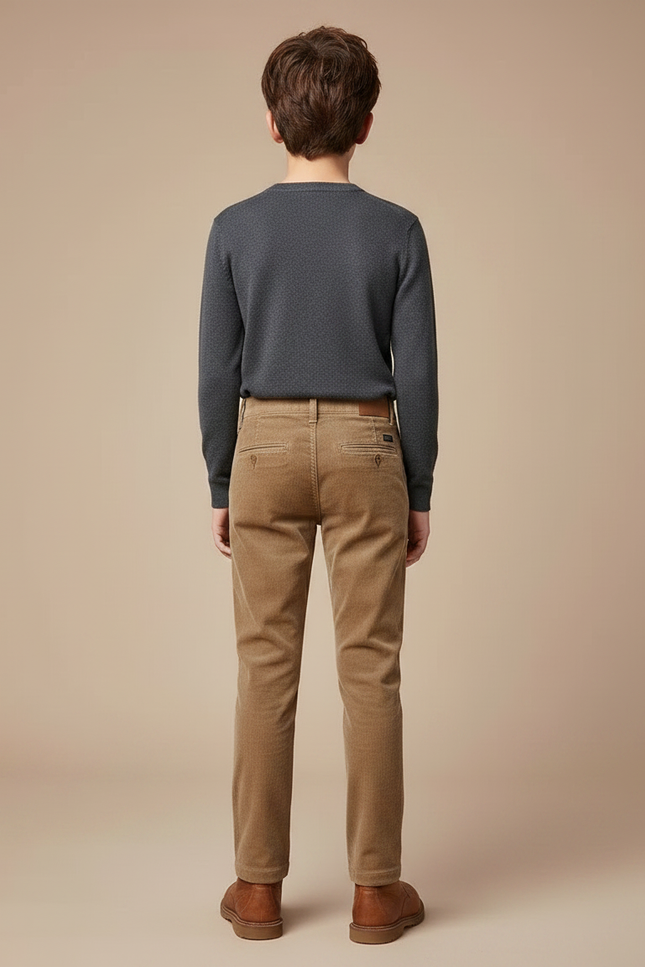 Pantalon Chino Velours Côtelé Marron Coupe Droite Garçon - Camel Cordé - vue 2