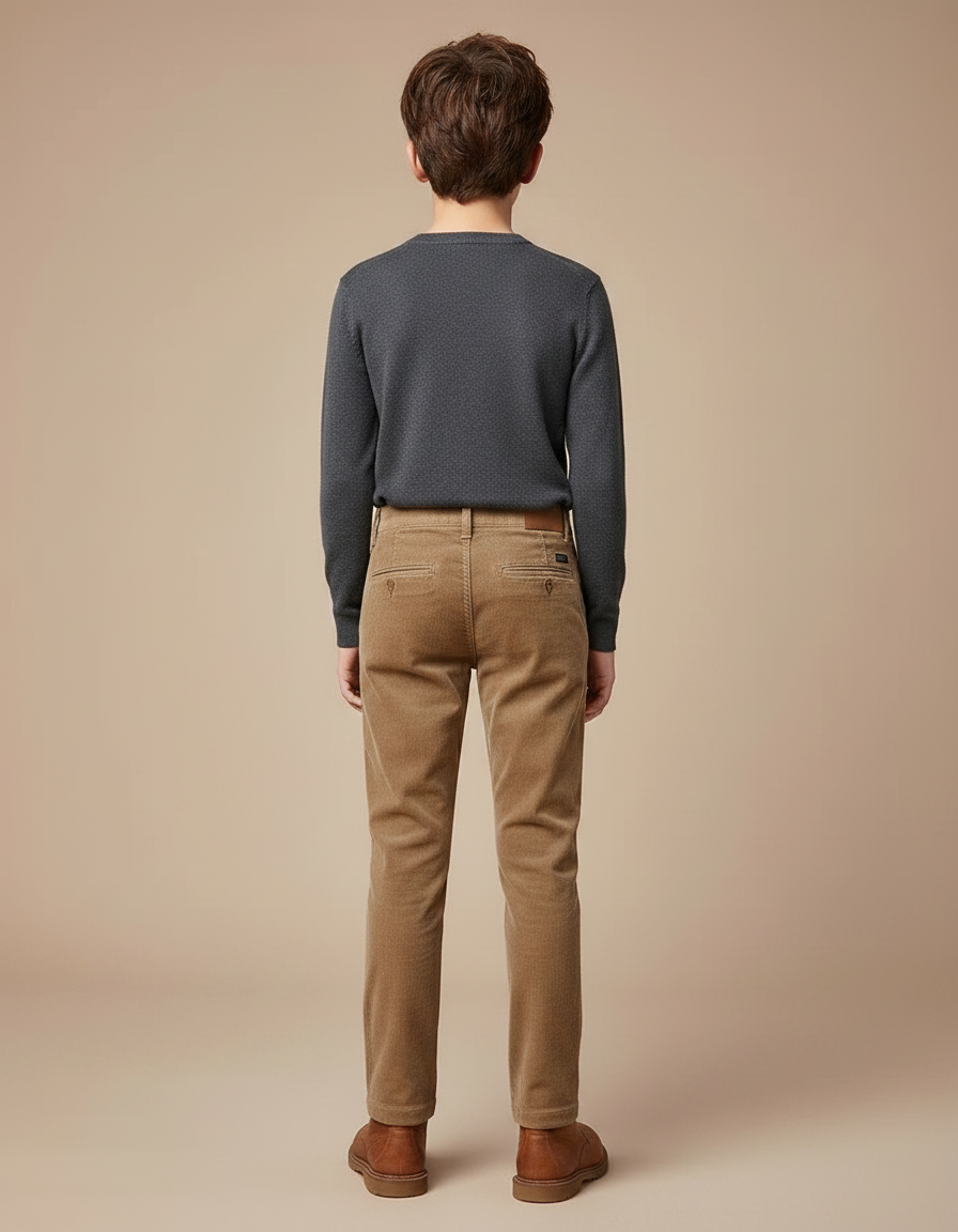 Pantalon Chino Velours Côtelé Marron Coupe Droite Garçon - Camel Cordé - vue 2