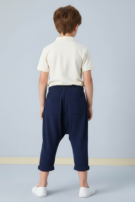 Pantalon Chino Bleu Marine Plissé Coton Enfant Ample - vue 2