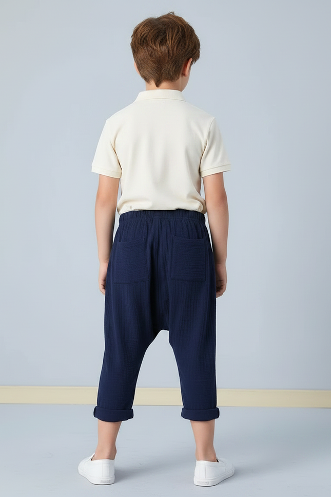 Pantalon Chino Bleu Marine Plissé Coton Enfant Ample - vue 2