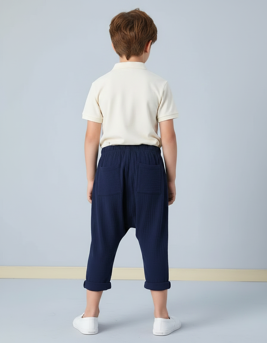 Pantalon Chino Bleu Marine Plissé Coton Enfant Ample - vue 2