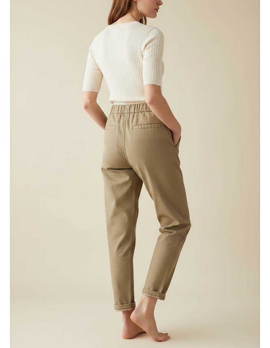 Pantalon Chino Kaki Ample Coton Taille Élastique - vue 2