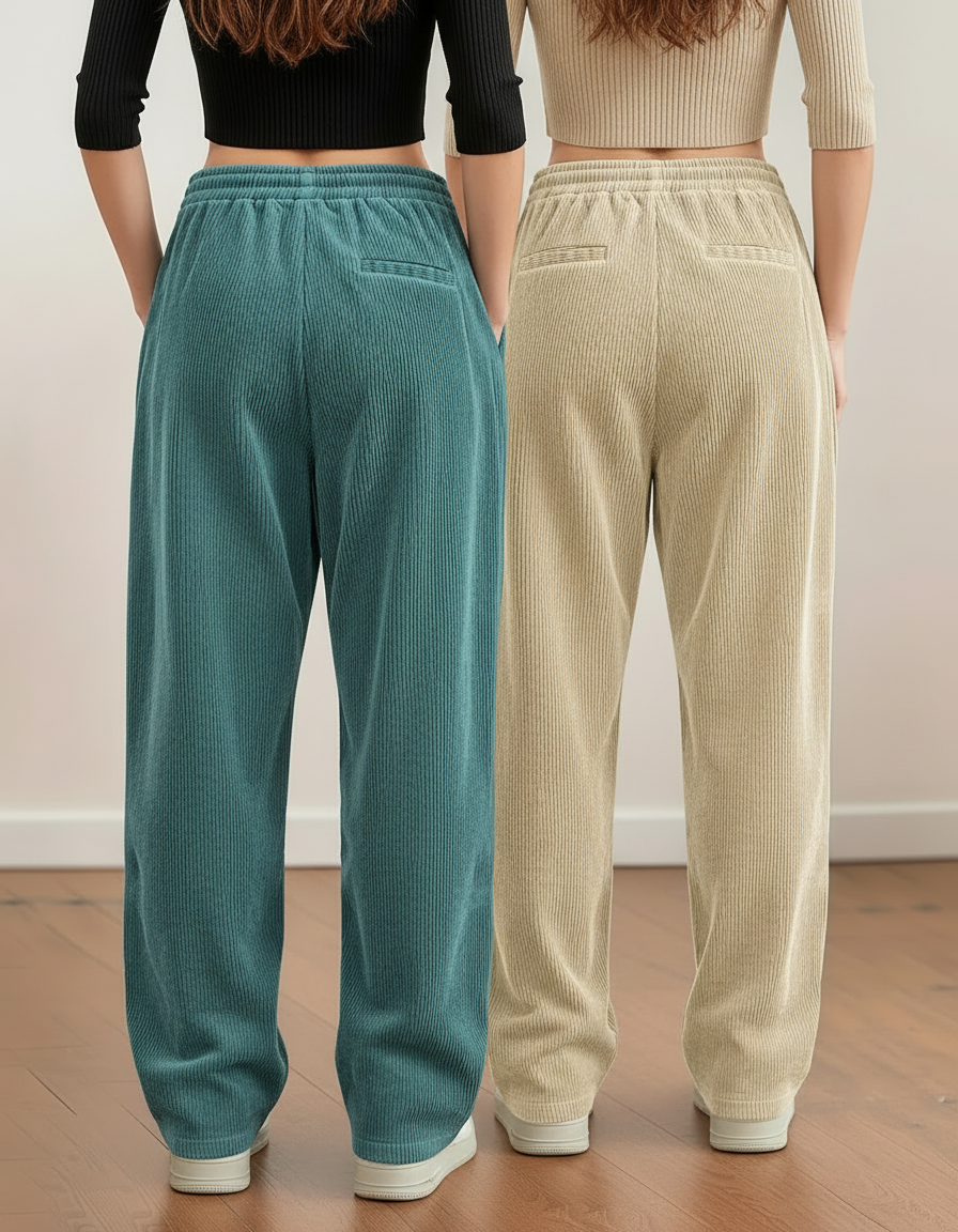 Pantalon Chino Côtelé Large Élastique Confortable Femme - Beige Cordé - vue 2