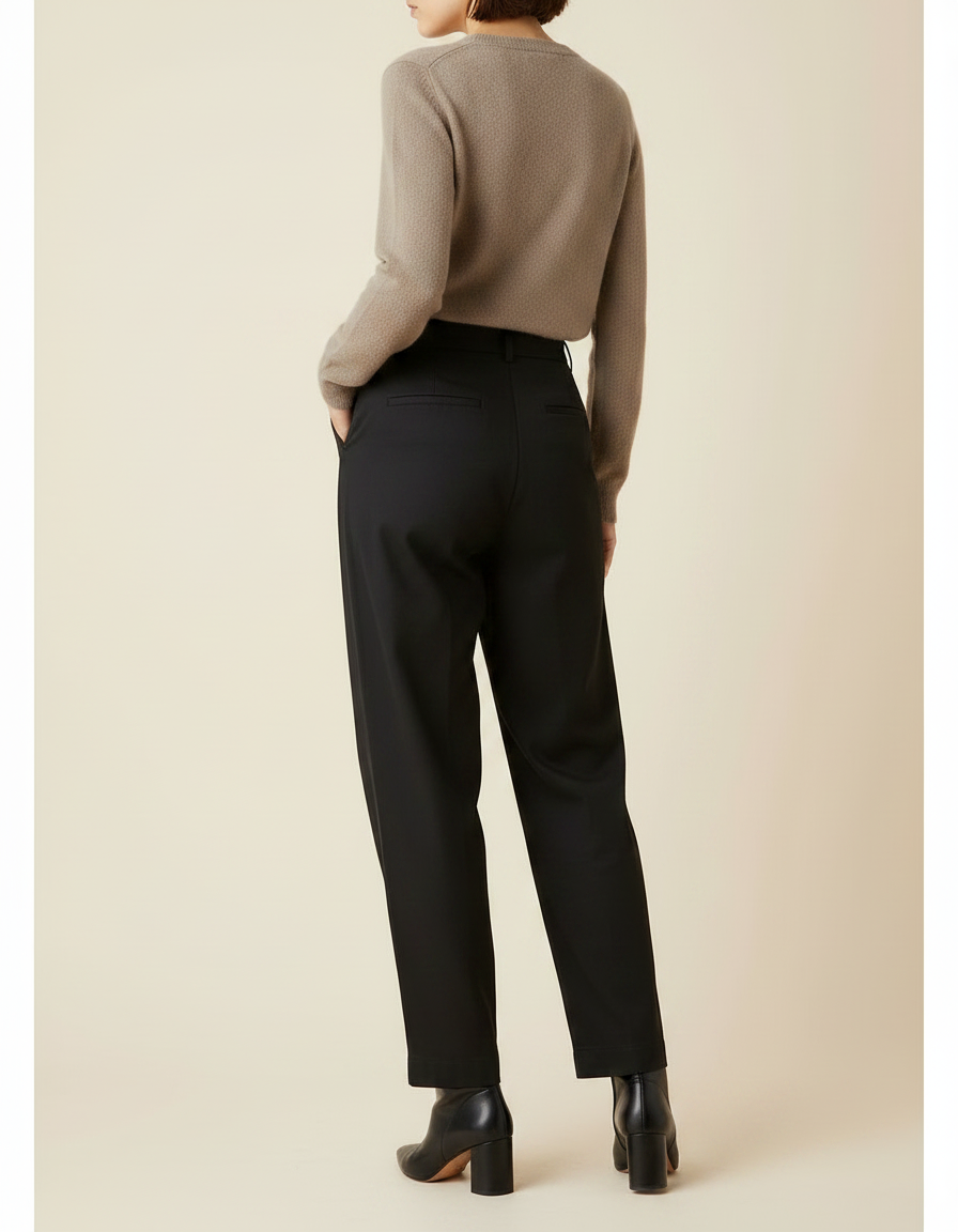 Pantalon Chino Noir Ample Plissé Taille Haute Femme - Gabardine - vue 2