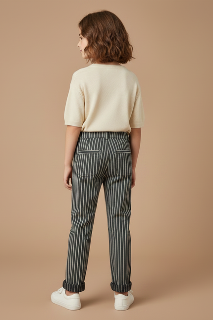Pantalon Chino Rayé Ample Coton Enfant - Vert - vue 2