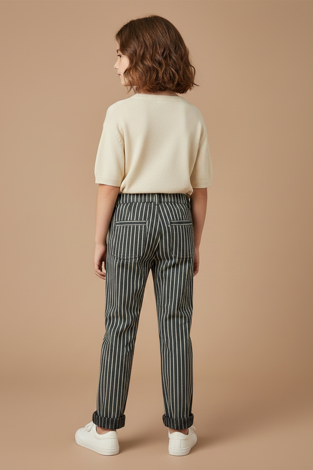 Pantalon Chino Rayé Ample Coton Enfant - Vert - vue 2