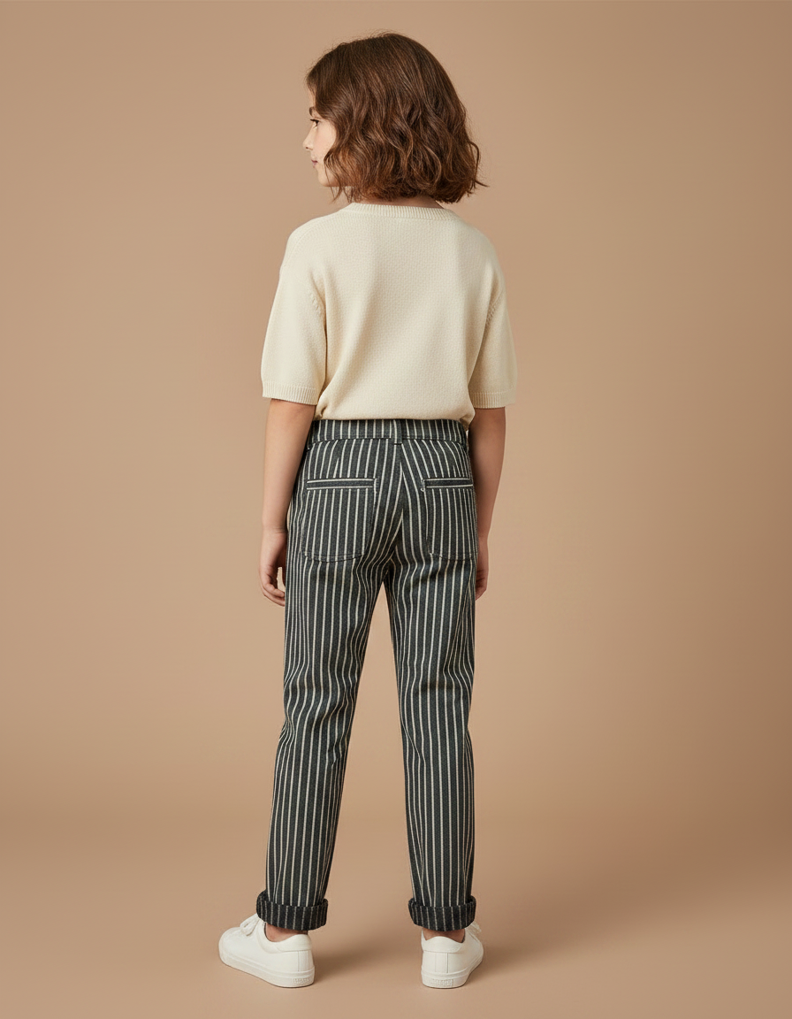Pantalon Chino Rayé Ample Coton Enfant - Vert - vue 2