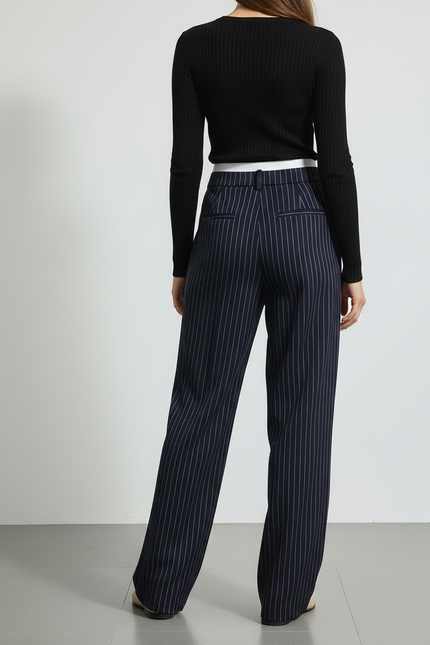 Pantalon Chino Femme Rayé Taille Haute Fluide Élégant - Marine Viscose - vue 2