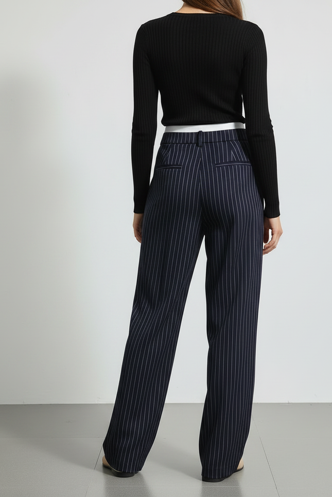 Pantalon Chino Femme Rayé Taille Haute Fluide Élégant - Marine Viscose - vue 2