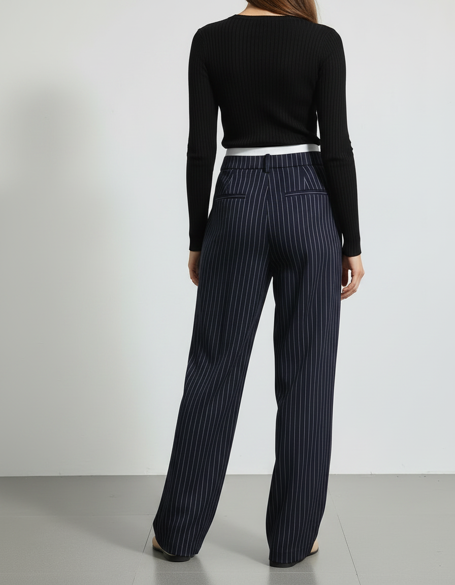 Pantalon Chino Femme Rayé Taille Haute Fluide Élégant - Marine Viscose - vue 2