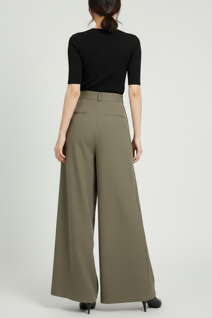 Pantalon Chino Vert Kaki Ample Boutons Fluide - Polyester - vue 2