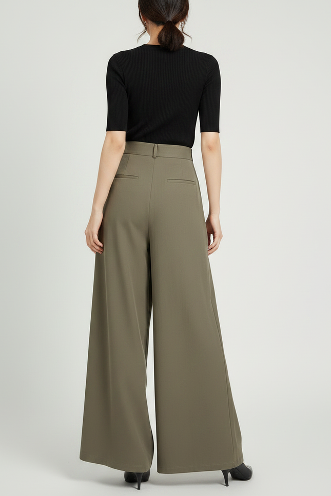 Pantalon Chino Vert Kaki Ample Boutons Fluide - Polyester - vue 2