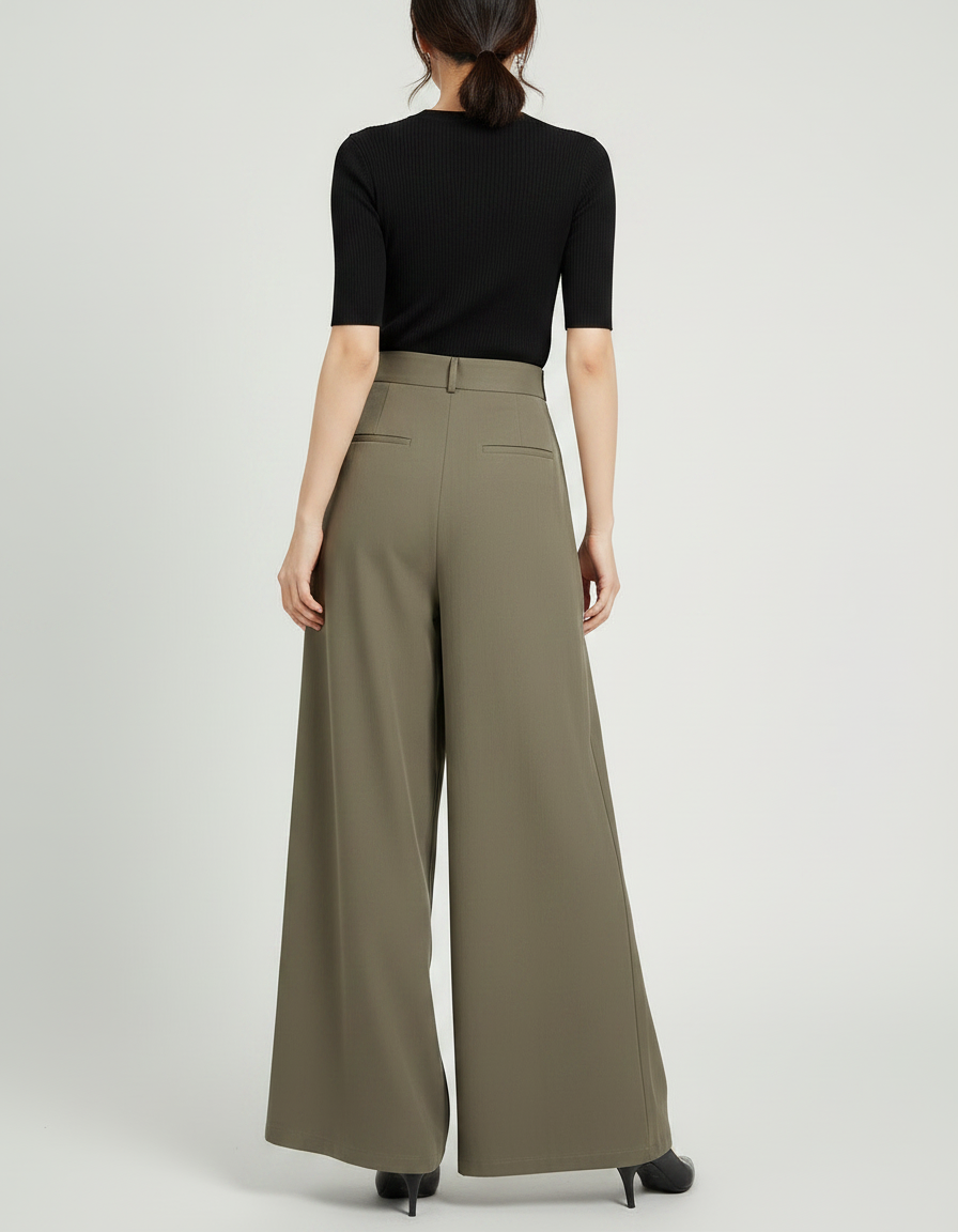 Pantalon Chino Vert Kaki Ample Boutons Fluide - Polyester - vue 2