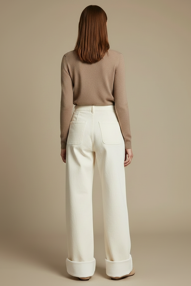 Pantalon Chino Écru Ample Droit Doublé Polaire Femme - Beige Gabardine - vue 2