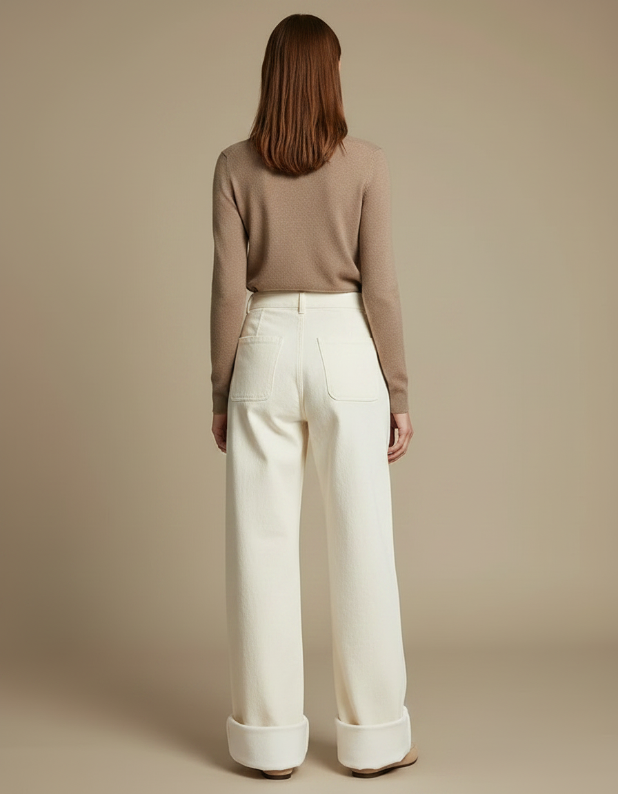 Pantalon Chino Écru Ample Droit Doublé Polaire Femme - Beige Gabardine - vue 2