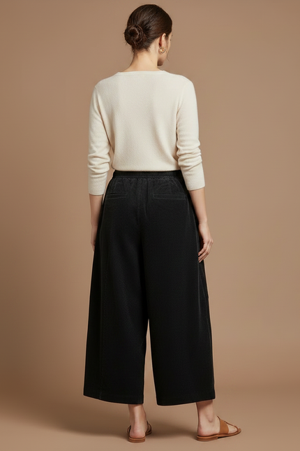 Pantalon Chino Noir Côtelé Ample Cordon Femme - Cordé - vue 2