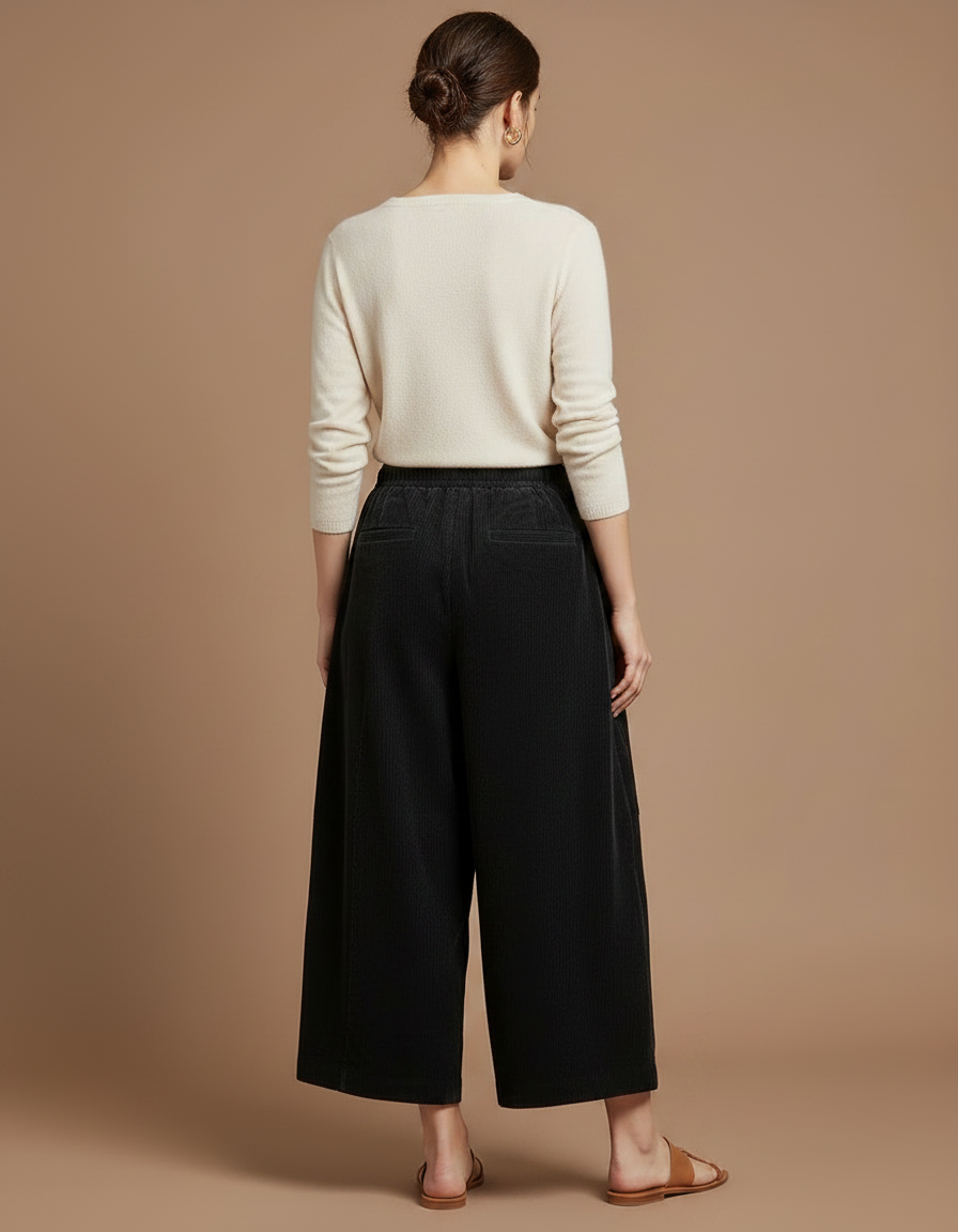 Pantalon Chino Noir Côtelé Ample Cordon Femme - Cordé - vue 2