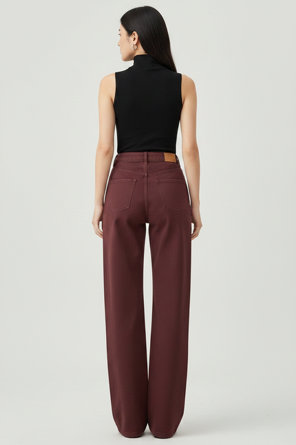 Pantalon Chino Bordeaux Large Taille Haute Femme - Coton - vue 2