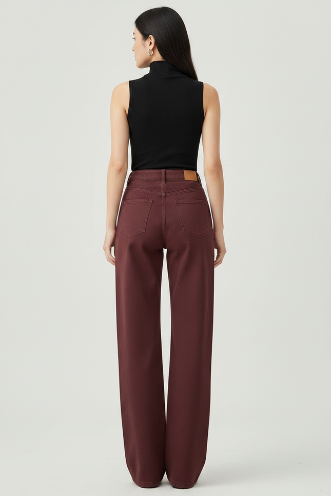 Pantalon Chino Bordeaux Large Taille Haute Femme - Coton - vue 2