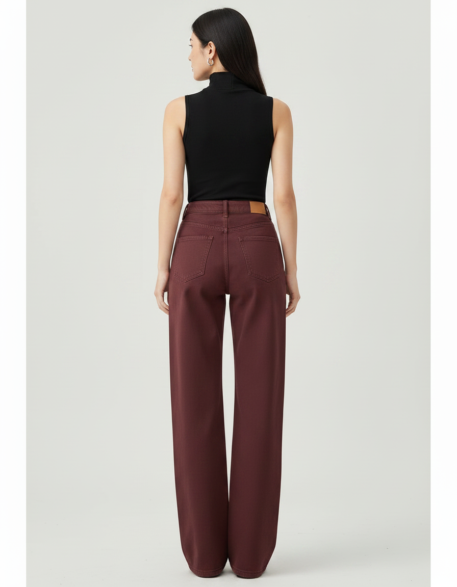 Pantalon Chino Bordeaux Large Taille Haute Femme - Coton - vue 2