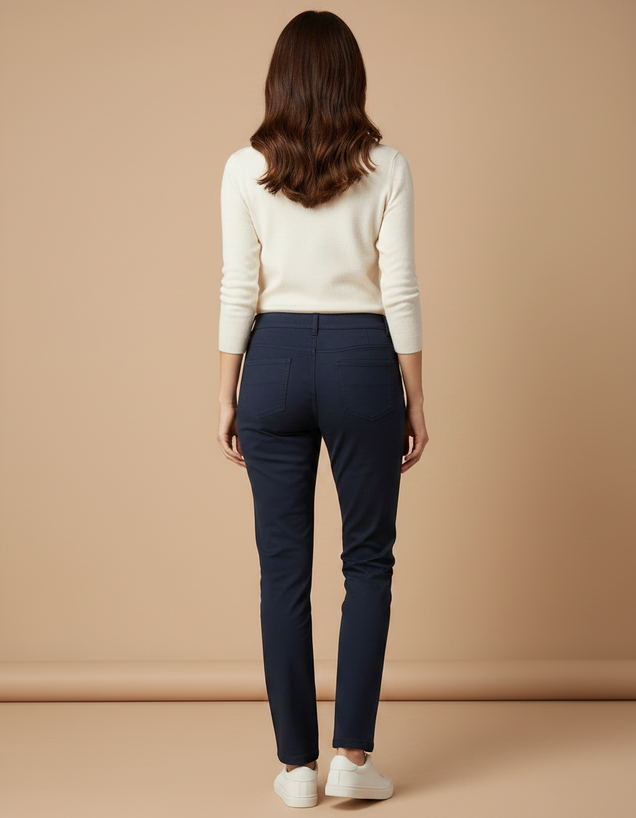 Pantalon Chino Bleu Marine Élastique Coupe Droite Femme - Gabardine - vue 2