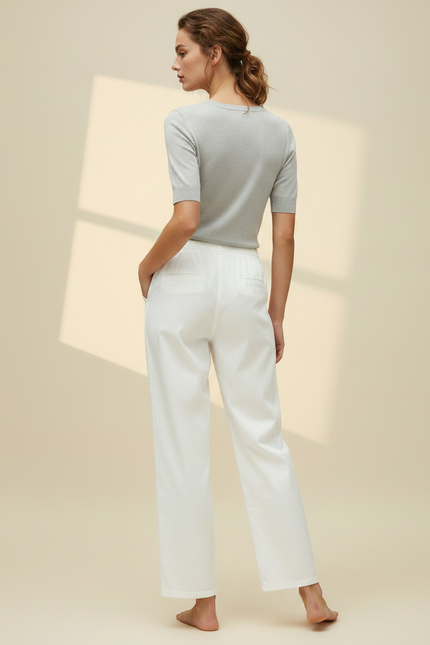 Pantalon Chino Blanc Brodé Ample Coton Fluide Femme - vue 2