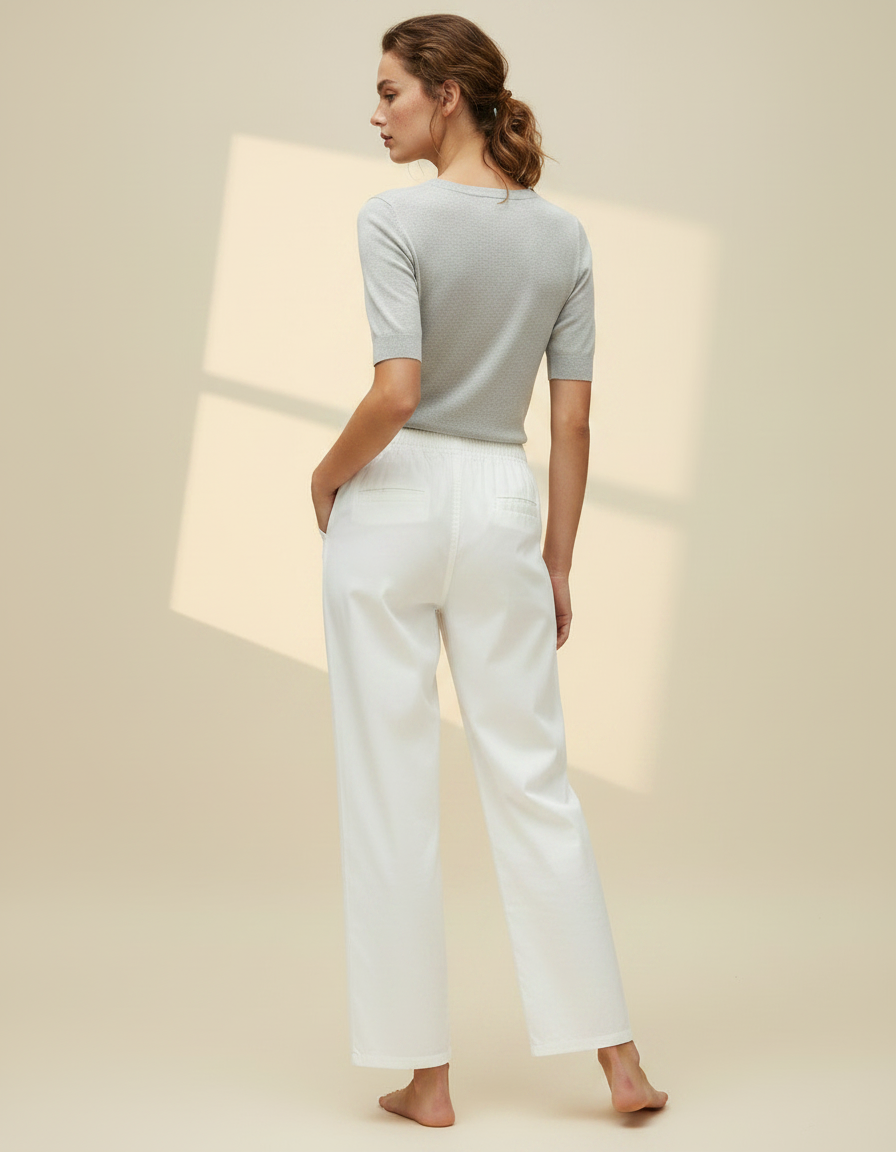 Pantalon Chino Blanc Brodé Ample Coton Fluide Femme - vue 2