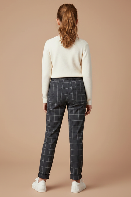 Pantalon Chino Carreaux Gris Cordon Décontracté Fille - Coton - vue 2