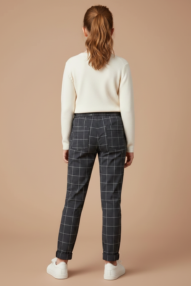 Pantalon Chino Carreaux Gris Cordon Décontracté Fille - Coton - vue 2