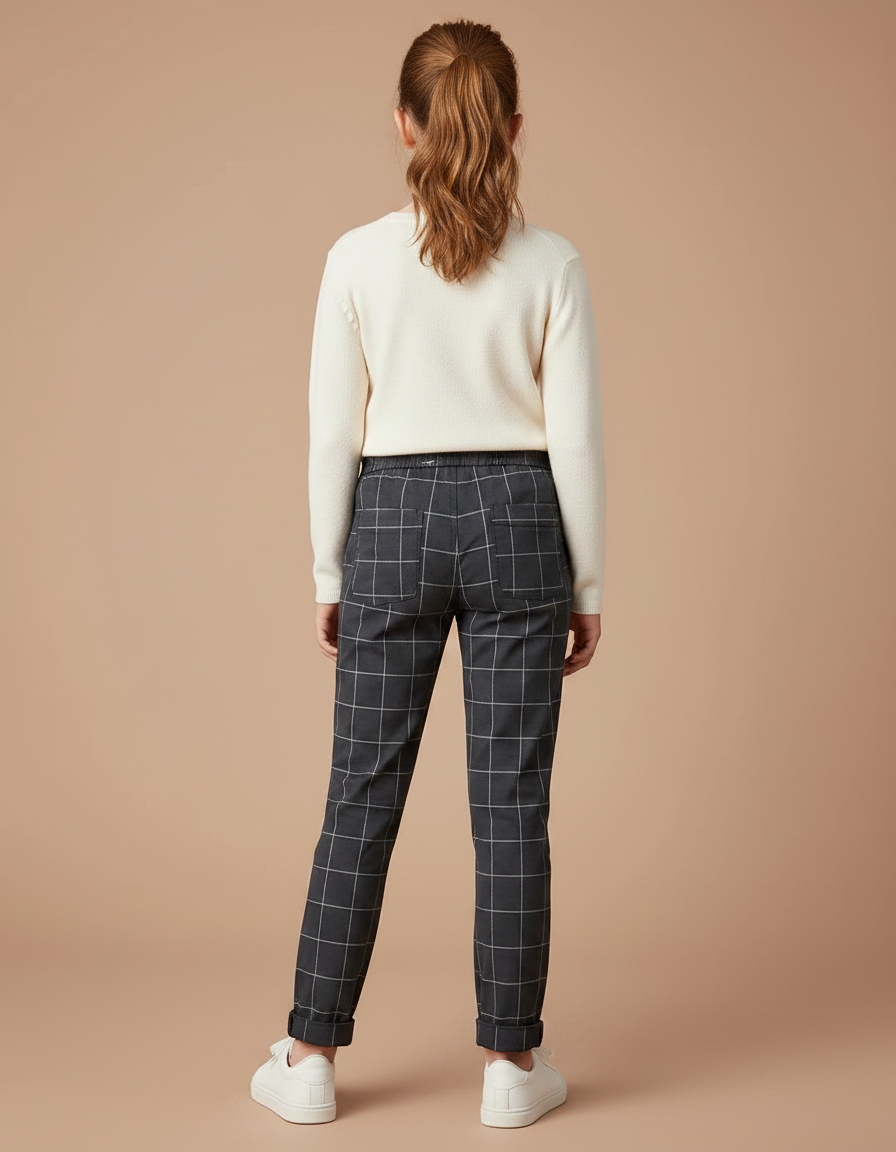 Pantalon Chino Carreaux Gris Cordon Décontracté Fille - Coton - vue 2