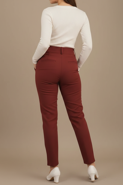 Pantalon Chino Bordeaux Taille Haute Élégant Femme - Gabardine - vue 2