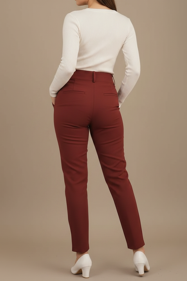 Pantalon Chino Bordeaux Taille Haute Élégant Femme - Gabardine - vue 2