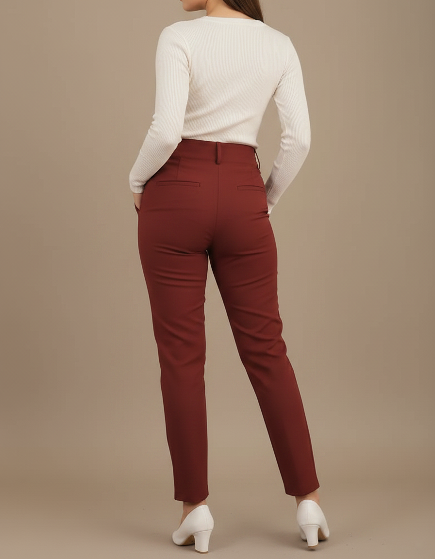 Pantalon Chino Bordeaux Taille Haute Élégant Femme - Gabardine - vue 2