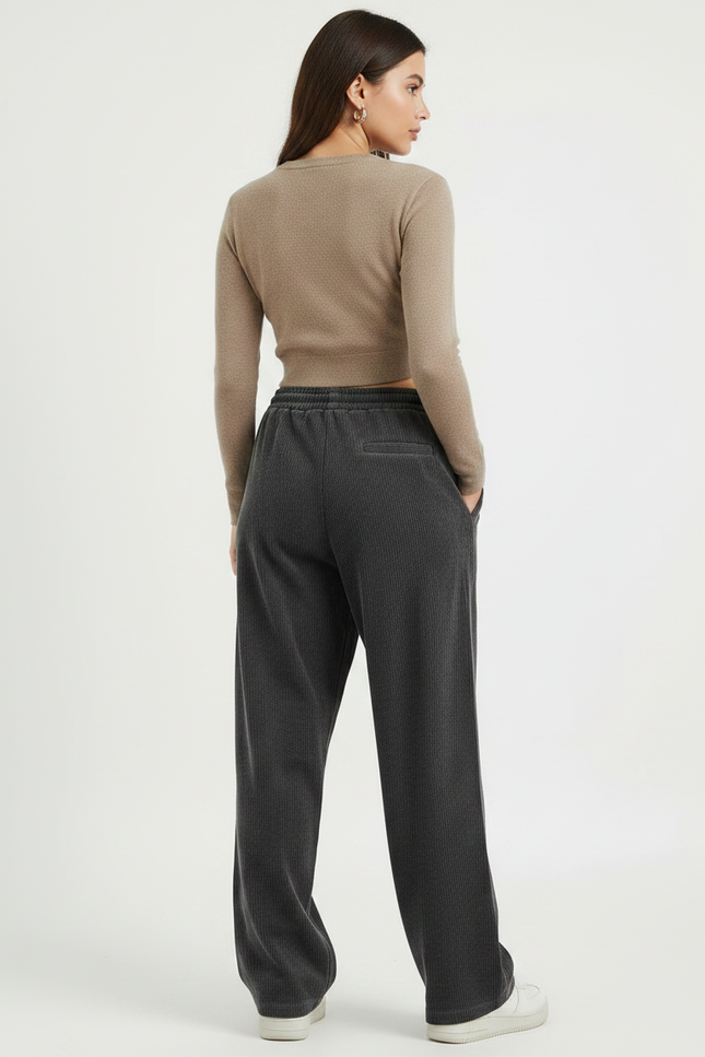 Pantalon Chino Large Côtelé Gris Élastique Décontracté - Cordé - vue 2