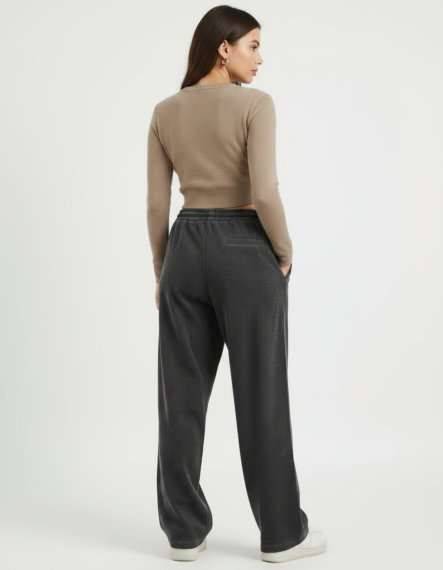 Pantalon Chino Large Côtelé Gris Élastique Décontracté - Cordé - vue 2