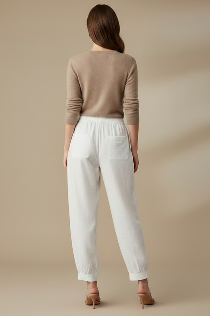 Pantalon Chino Blanc Brodé Ample Décontracté Femme - Lin - vue 2