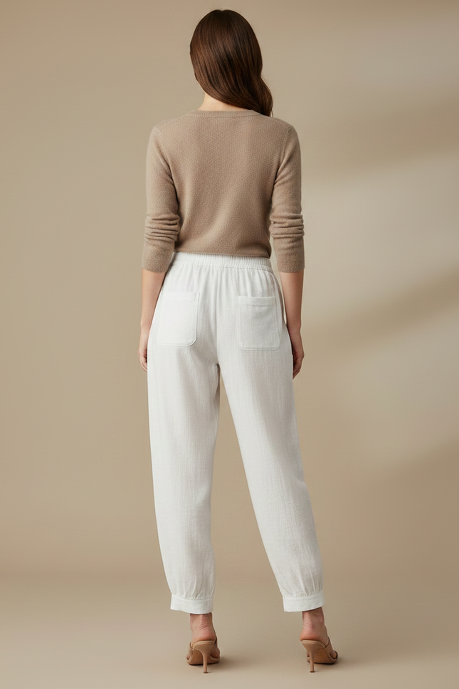 Pantalon Chino Blanc Brodé Ample Décontracté Femme - Lin - vue 2