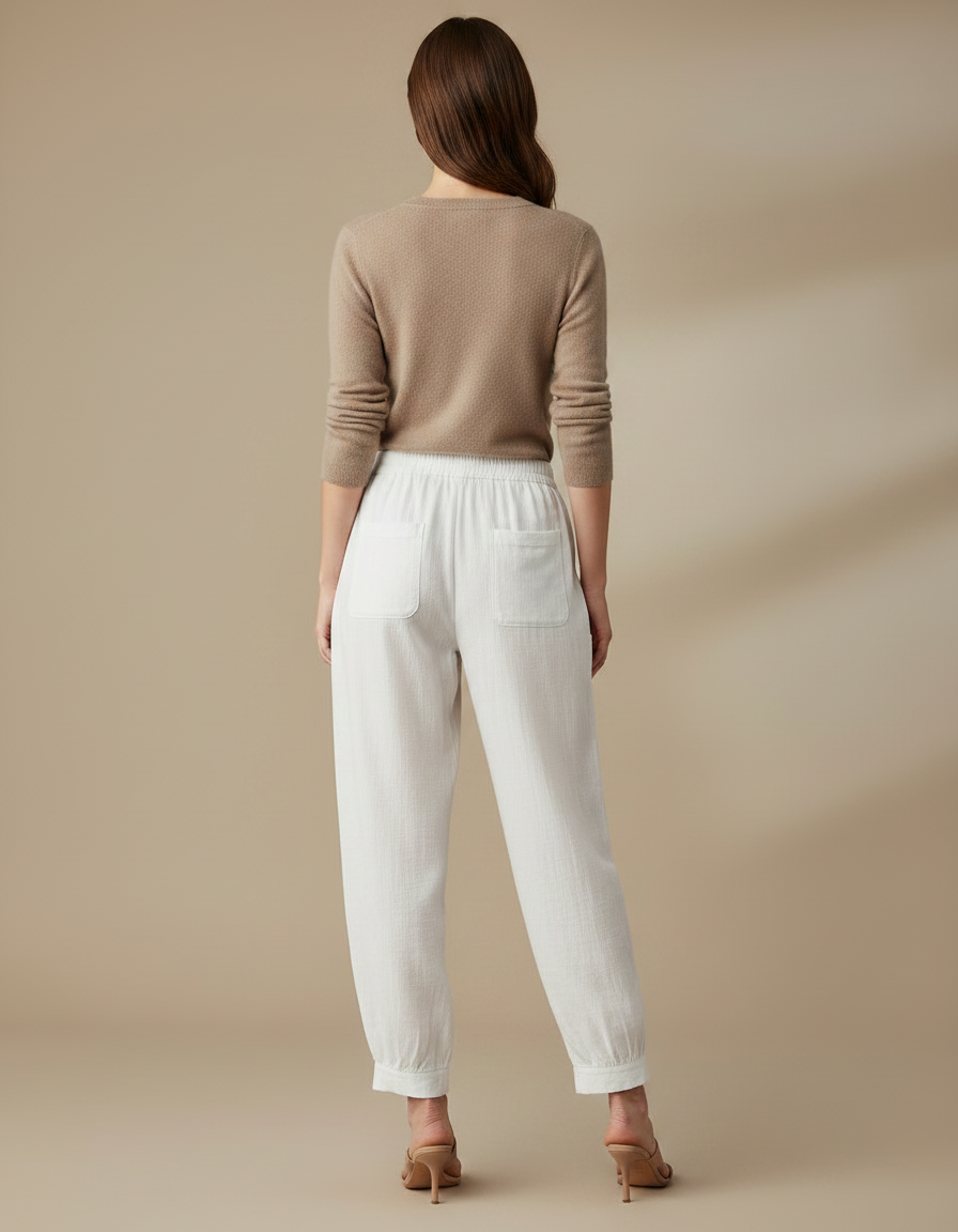 Pantalon Chino Blanc Brodé Ample Décontracté Femme - Lin - vue 2