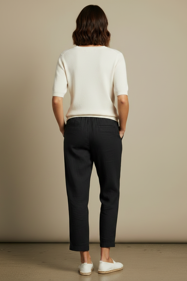 Pantalon Chino Noir Lin Ample Cordon Décontracté - vue 2