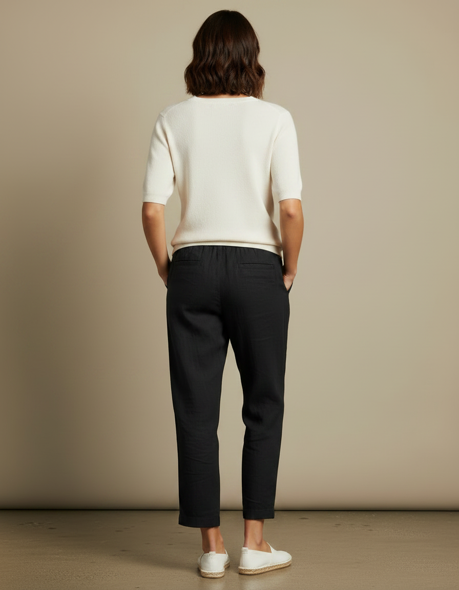 Pantalon Chino Noir Lin Ample Cordon Décontracté - vue 2