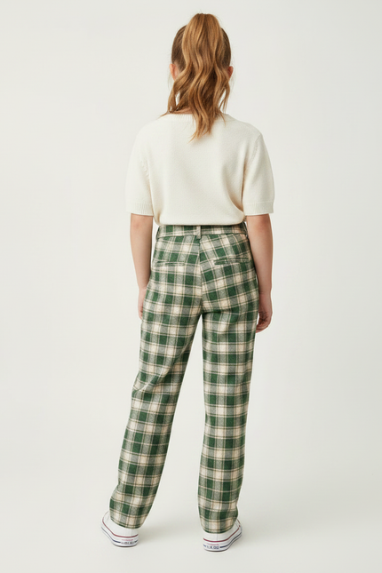 Pantalon Chino Vert Carreaux Lâche Fille - Tweed - vue 2