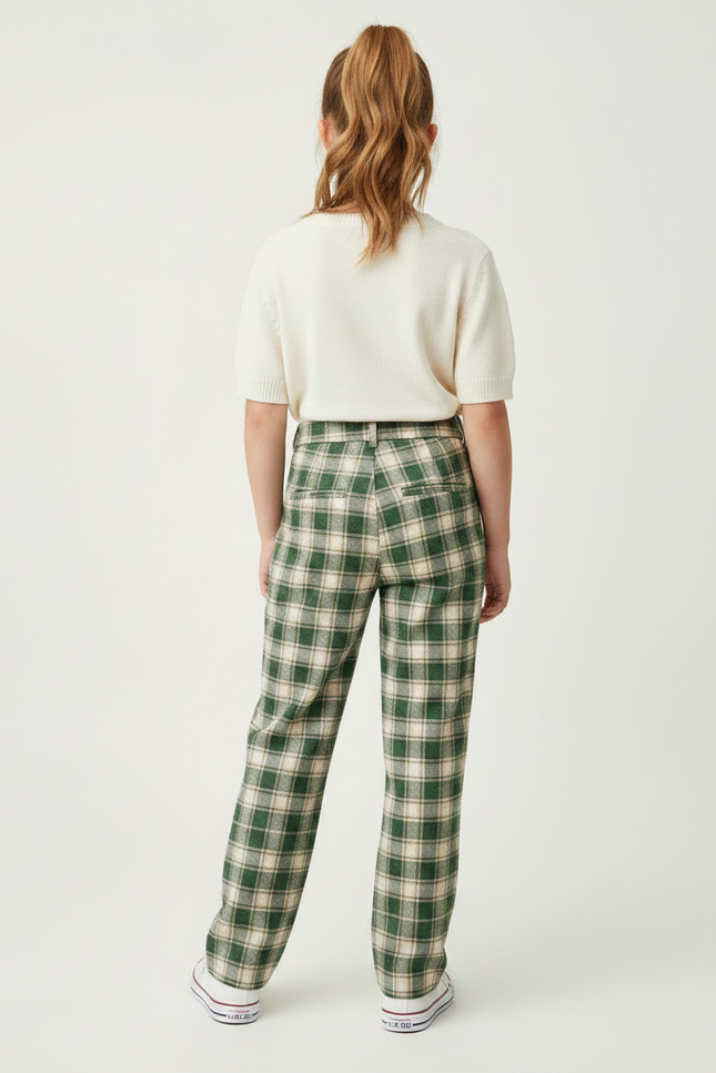 Pantalon Chino Vert Carreaux Lâche Fille - Tweed - vue 2