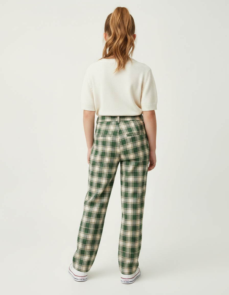 Pantalon Chino Vert Carreaux Lâche Fille - Tweed - vue 2