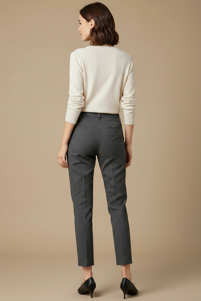 Pantalon Chino Gris Coton Droit Taille Haute Élégant - Gabardine - vue 2
