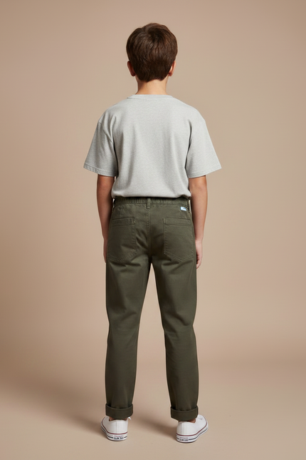 Pantalon Chino Vert Kaki Coton Ample Décontracté Garçon - vue 2