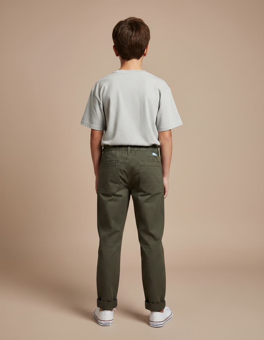 Pantalon Chino Vert Kaki Coton Ample Décontracté Garçon - vue 2