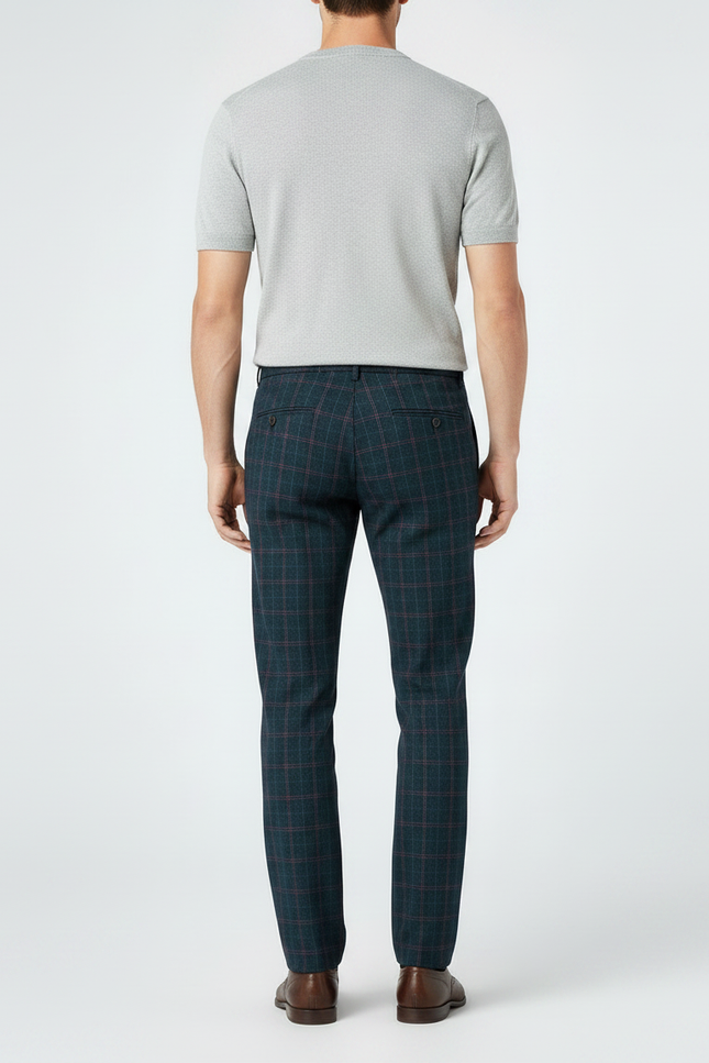 Pantalon Chino Carreaux Vert Foncé Laine Slim Habillé - vue 2
