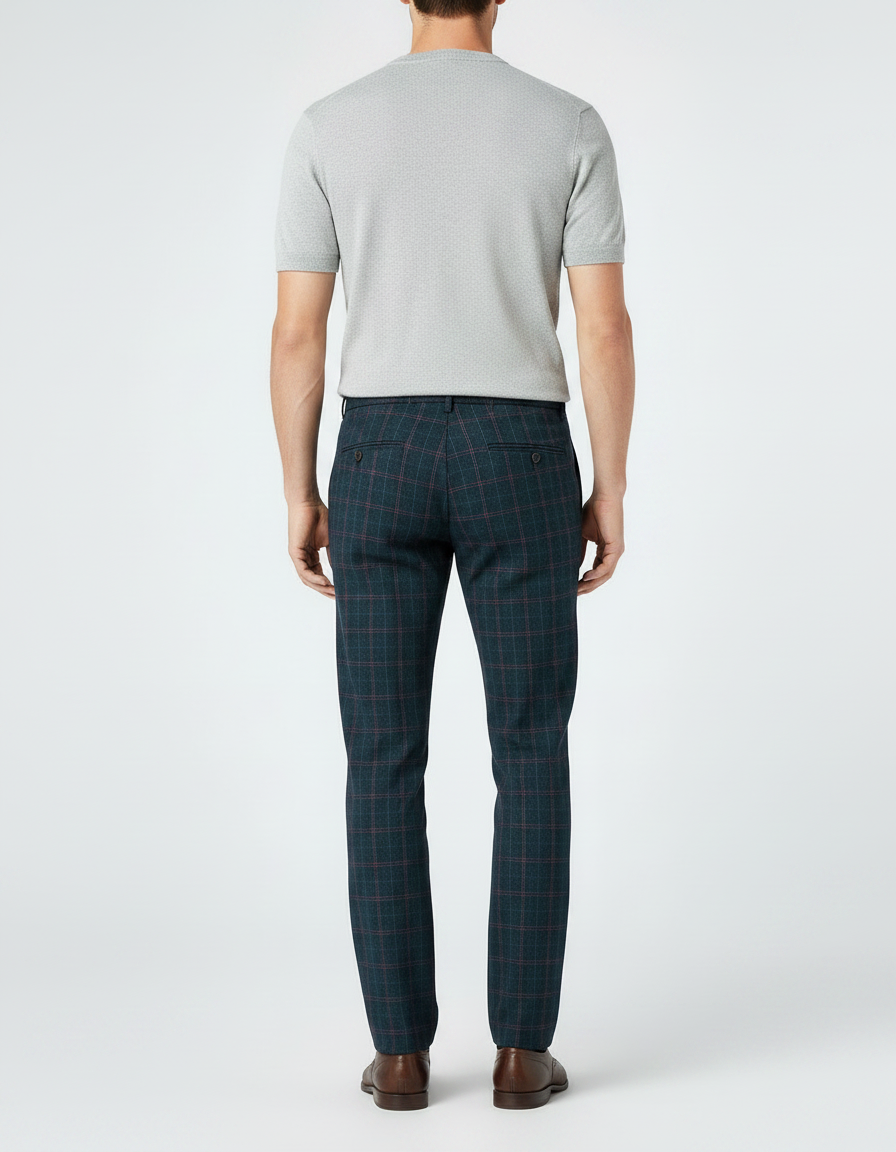 Pantalon Chino Carreaux Vert Foncé Laine Slim Habillé - vue 2