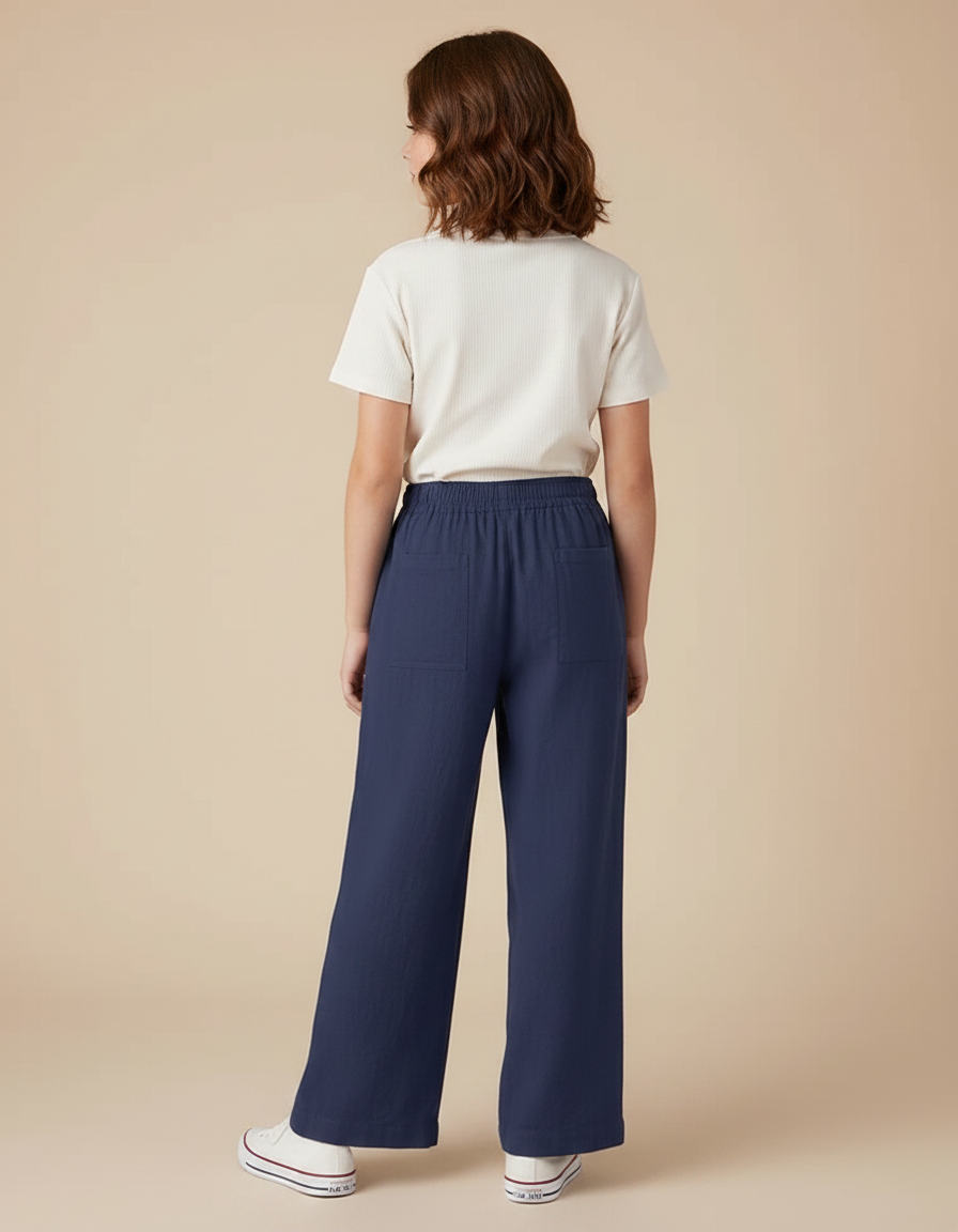 Pantalon Chino Bleu Marine Ample Décontracté Fille - Lin - vue 2